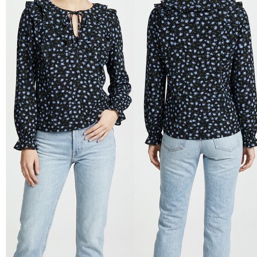 LOFT Womens Small Blue Floral Ruffle Blouse Polyester Spandex